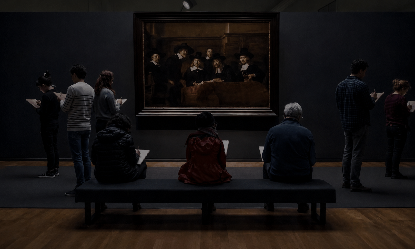 People sketching around a large painting in a dimly lit museum gallery.
